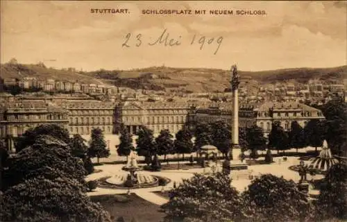 Ak Stuttgart in Württemberg, Neues Schloss, Schlossplatz, Springbrunnen, Säule