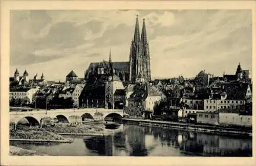 Ak Regensburg an der Donau Oberpfalz, Teilansicht, Kirchtürme, Brücke