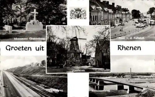 Ak Rhenen Utrecht, Monument Grebbeberg, Fred. v.d. Paltshof, Verkeersweg, Rhenensebrug, Plansoen