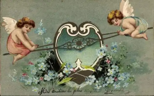 Präge Litho Engel auf Wippschaukel, Vergissmeinnicht