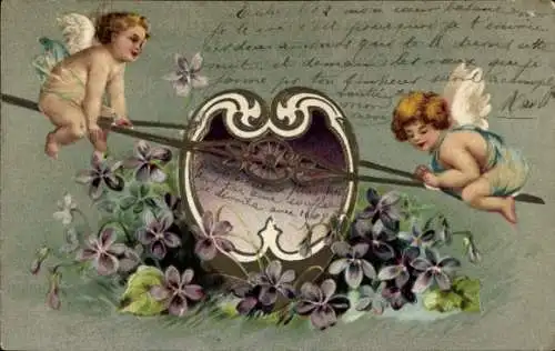 Präge Litho Engel auf Wippschaukel, Veilchen