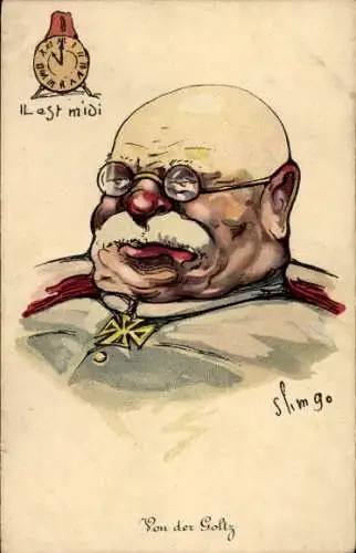 Künstler Ak Slimgo, Colmar Freiherr von der Goltz, Generalfeldmarschall, französische Karikatur