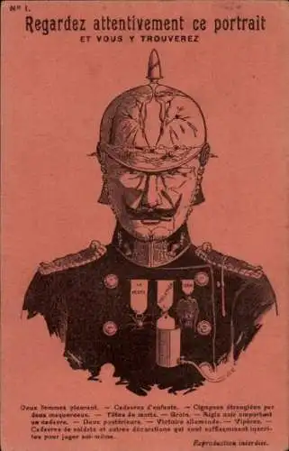 Vexier Ak Regardez attentivement ce portrait et vous y trouverez, Kaiser Wilhelm II., Karikatur