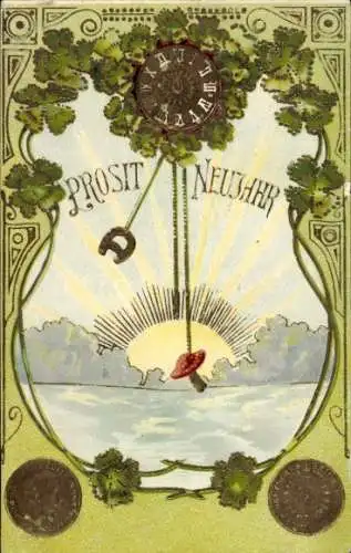 Präge Litho Glückwunsch Neujahr, Uhr, Sonnenaufgang, Klee, Münzen