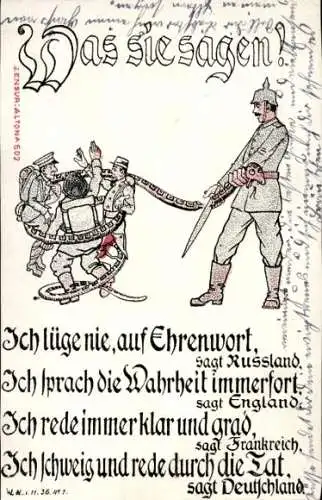 Ak Propaganda Kaiserreich, Was sie sagen, Russland, England, Frankreich, Deutschland