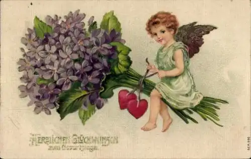 Präge Ak Glückwunsch Geburtstag, Engel, Herzen, Veilchen