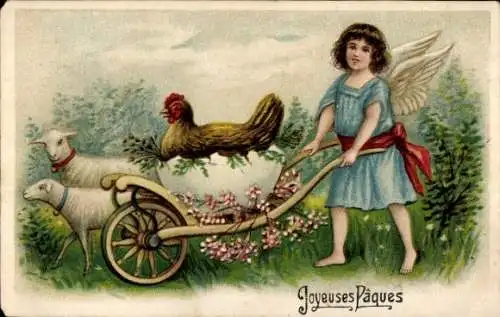 Ak Glückwunsch Ostern, Engel mit Schubkarre, Huhn auf einem Ei, Lämmer