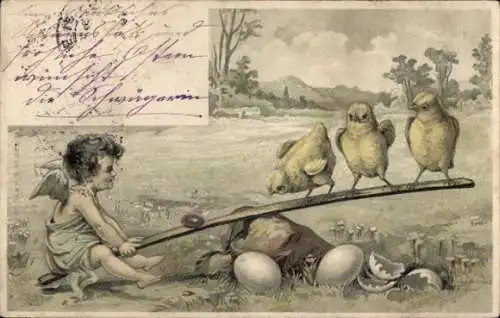 Litho Ostern, Engel und Küken beim Wippen