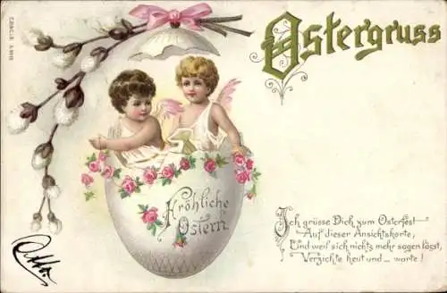 Litho Glückwunsch Ostern, Osterei, Engel, Weidenkätzchen