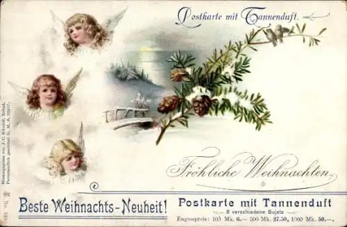 Litho Glückwunsch Neujahr, Weihnachten, Engel, Tannenzweige