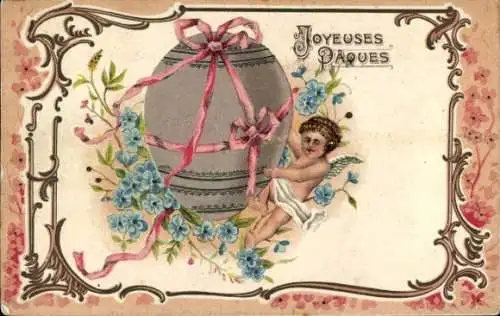Präge Passepartout Ak Glückwunsch Ostern, Engel, Osterei, Vergissmeinnicht