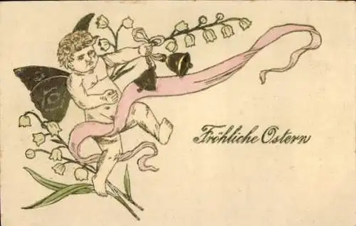Präge Ak Glückwunsch Ostern, Engel, Blumen, Glocken