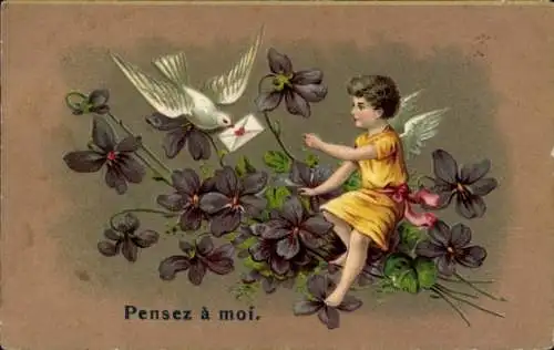 Präge Ak Engel, Taube mit Brief im Schnabel, Veilchen