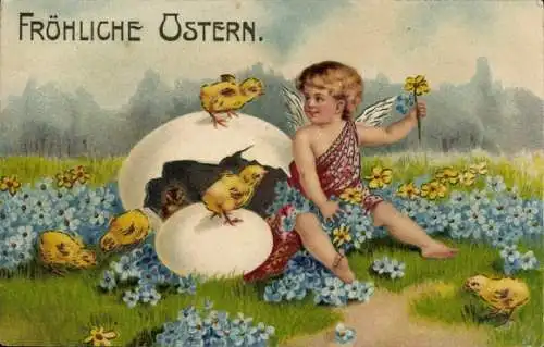 Präge Ak Glückwunsch Ostern, Engel, Küken, Eier