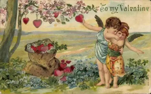 Präge Ak Glückwunsch Valentinstag, Liebesengel, Herzen, Blumen