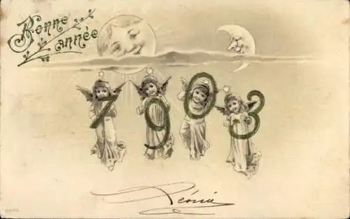 Präge Litho Glückwunsch Neujahr 1903, Engel, Mond, Sonne