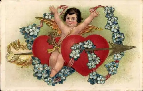 Präge Ak Liebesengel, Amor, Eros, Herz, Vergissmeinnicht, Pfeil