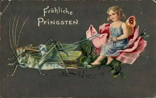 Präge Ak Glückwunsch Pfingsten, Elfe, Grashüpfer, Rose