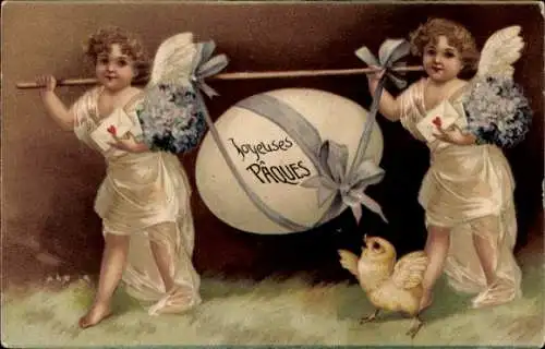 Präge Ak Glückwunsch Ostern, Osterei, Engel, Küken