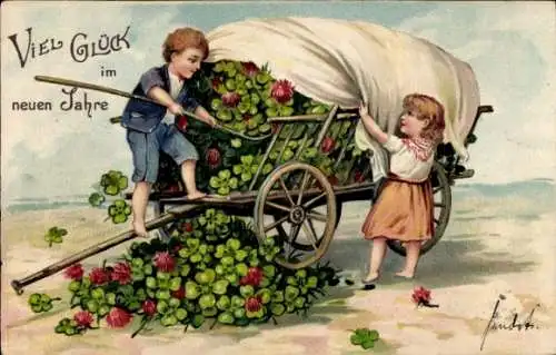 Präge Ak Glückwunsch Neujahr, Kinder, Fuhrwerk, Glücksklee