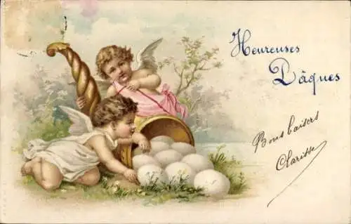 Litho Glückwunsch Ostern, Engel, Ostereier, Füllhorn