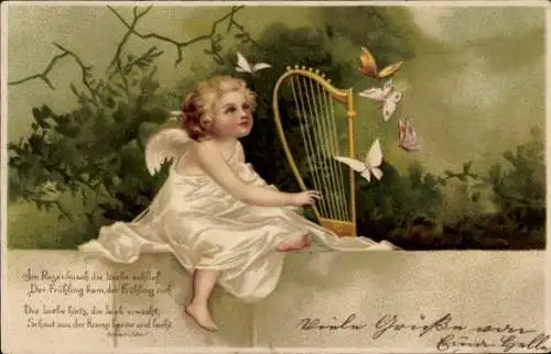 Litho Engel spielt Harfe, Schmetterlinge, Nachdenkliches Mädchen