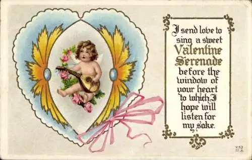 Präge Ak Glückwunsch Valentinstag, Singender Liebesengel, Laute