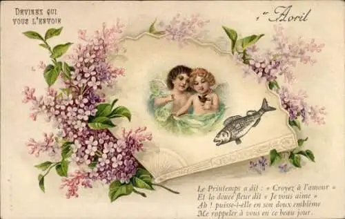 Litho Glückwunsch 1. April, Engel, Blumen, Fächer, Fisch