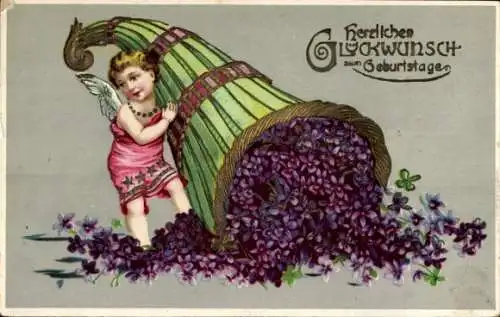 Ak Glückwunsch Geburtstag, Engel, Veilchen, Füllhorn