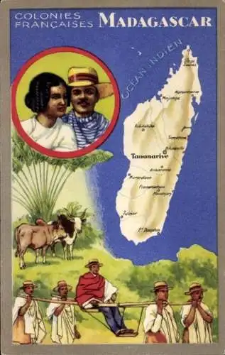 Landkarten Ak Colonies Francaises, Madagascar, Mann wird von seinen Dienern transportiert