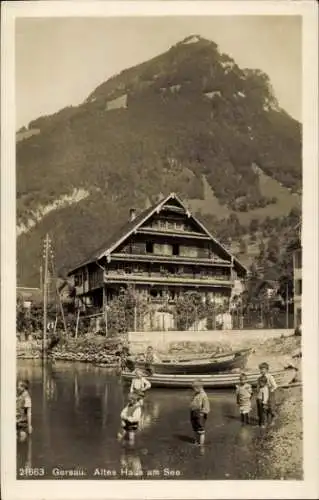 Ak Gersau Kanton Schwyz, Altes Haus am See, Kinder am Ufer