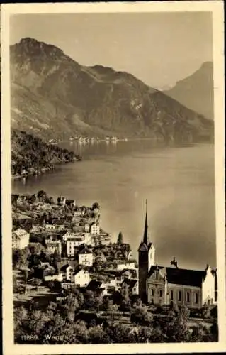 Ak Weggis Kanton Luzern, Luftbild vom Ort