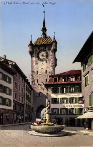 Ak Baden Kanton Aargau Schweiz, Stadtturm mit Hotel Engel