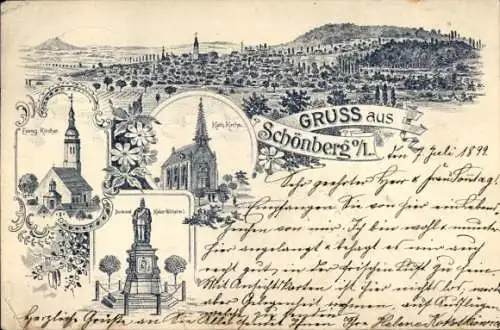 Litho Schönberg Cunewalde in der Oberlausitz, Kirchen, Denkmal Kaiser Wilhelm I, Totalansicht