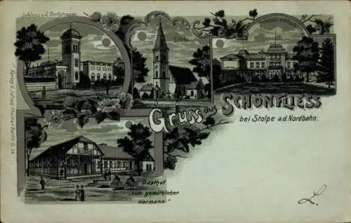 Mondschein Litho Schönfließ Glienicke Nordbahn bei Hermsdorf in Brandenburg, Kirche, Schloss