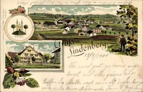 Wappen Litho Lindenberg im Allgäu Schwaben, Gasthaus zur Krone, Totalansicht