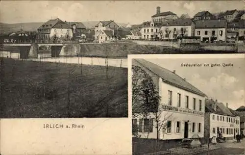 Ak Irlich Neuwied am Rhein, Totalansicht, Restauration zur guten Quelle