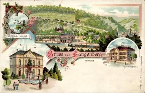 Litho Langenberg Velbert Kreis Mettmann, Bahnhof, Gleisseite, Postamt, Rathaus, Denkmal