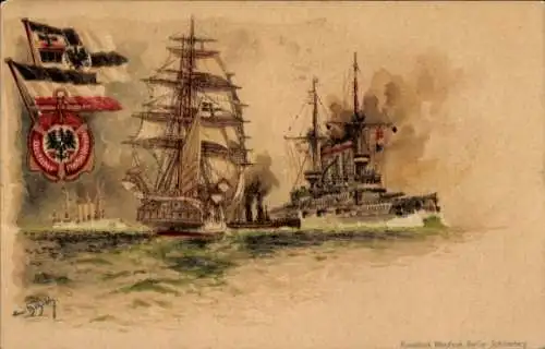 Wappen Künstler Litho Bohrdt, Hans, Segelschiff, Kriegsschiff, Deutscher Flottenverein, Flaggen