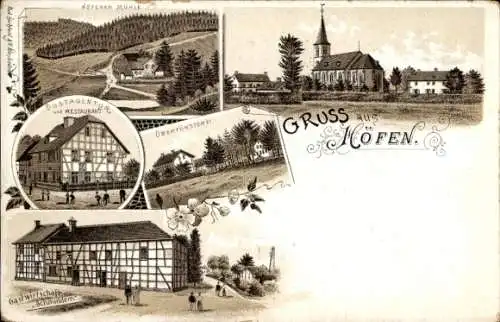 Litho Höfen Monschau Montjoie in der Eifel, Höfener Mühle, Kirche, Gastwirtschaft, Oberförsterei