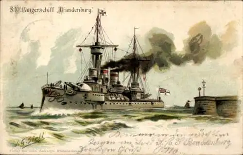 Künstler Litho Siehl, Deutsches Kriegsschiff, SMS Brandenburg, Panzerschiff, Kaiserliche Marine