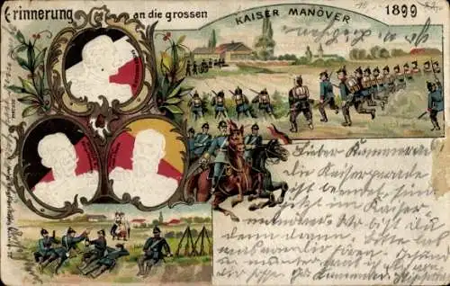 Präge Litho Kaisermanöver 1899, Kaiser Wilhelm II., Großherzog von Baden, Wilhelm II von Württemberg