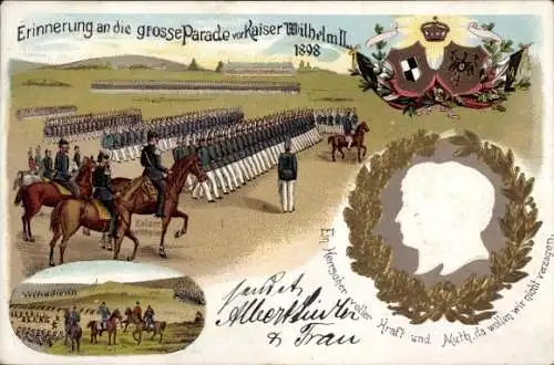 Präge Litho Große Parade vor Kaiser Wilhelm II. 1898, Kaiserin Auguste Viktoria, Wappen