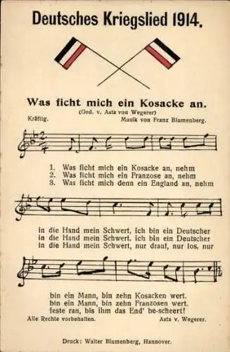 Ak Deutsches Kriegslied 1914, Was ficht mich ein Kosacke an