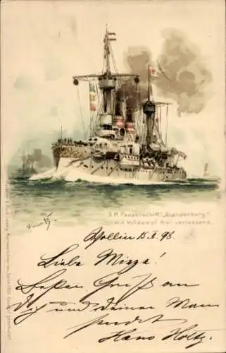 Künstler Litho Bohrdt, Hans, Deutsches Kriegsschiff, SMS Brandenburg, Panzerschiff, Kiel