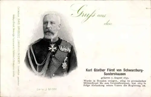 Ak Fürst Karl Günther von Schwarzburg Sondershausen