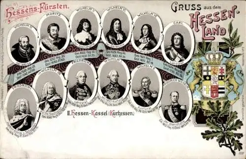 Wappen Litho Hessens-Fürsten, Wilhelm IV., Moritz, Wilhelm V., Wilhelm VI., Wilhelm VII.