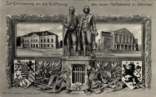 Ak Weimar in Thüringen, Hoftheater, Goethe und Schiller Denkmal