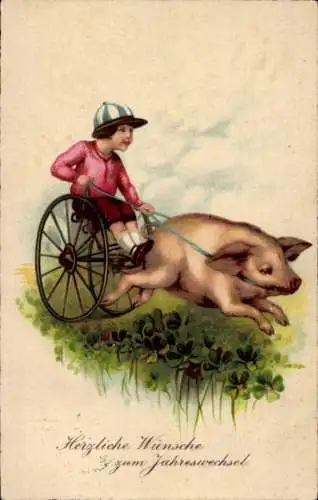Ak Glückwunsch Neujahr, Schwein zieht einen Sulky