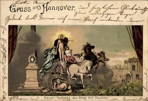 Litho Hannover in Niedersachsen, Hauptvorhang des königlichen Hoftheaters, Pferdekutsche, Denkmal